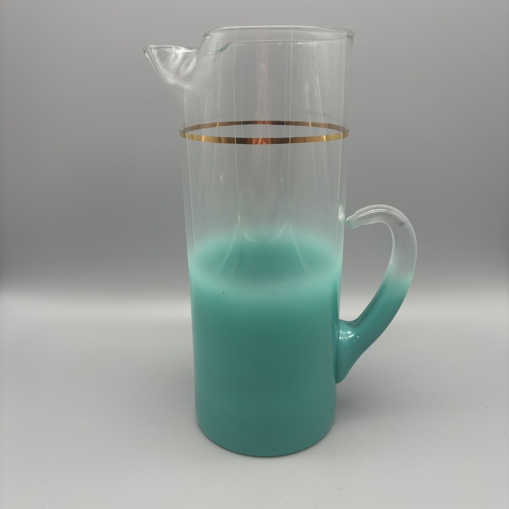 Vintage Blendo Turquoise Frosted Glass 11.5" Pitcher  GoldRim Mid Century Modern